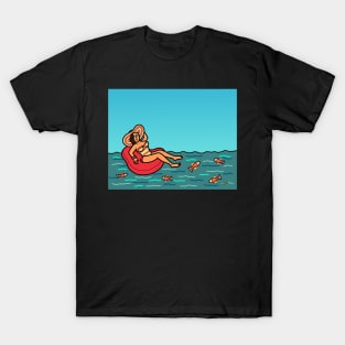 Young female woman in swim ring floatie summer T-Shirt